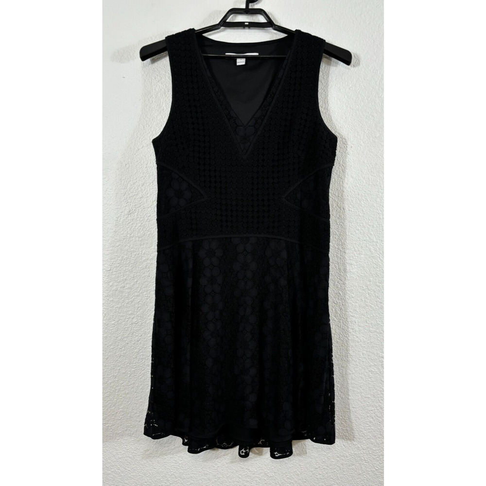 Diane Von Furstenberg Fiorenza Dress Womens 14 Black V Neck Lace Cotton Blend